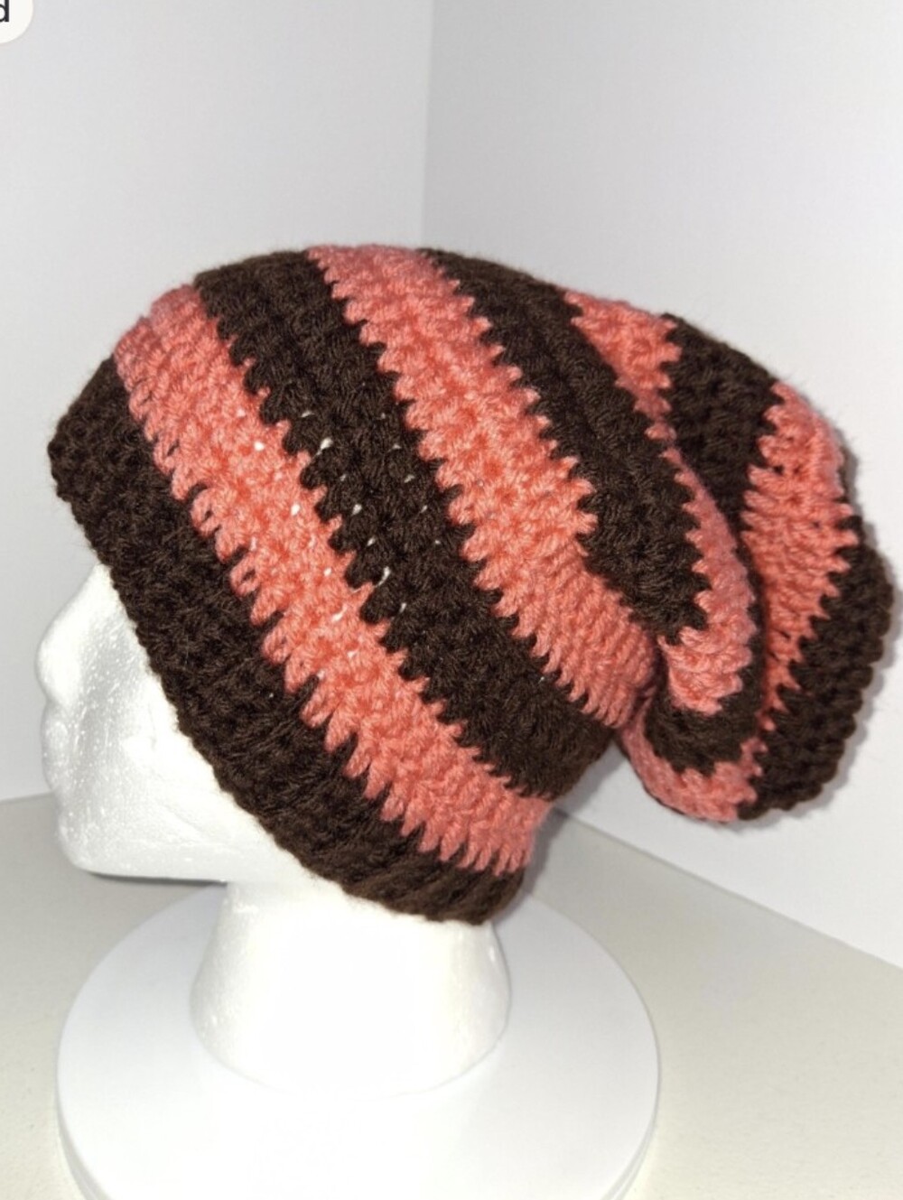 Beanie Slouchy Cap XL Dark Brown And Orange Striped Crocheted Handmade